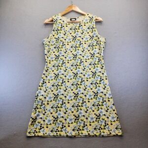 Vintage David Wayne Floral Mini Dress Yellow Blue Hibiscus Sleeveless Shift Med